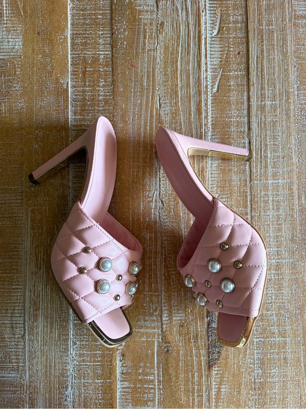 Karl Lagerfeld Amira Pink Pearl Quilted Mule Heels Size 9 Barbie Coquette